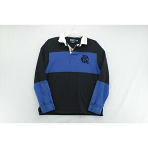 VTG Ralph Lauren Rugby Polo Shirt RLPC Crest Men's Large Blue Black Long Sleeve